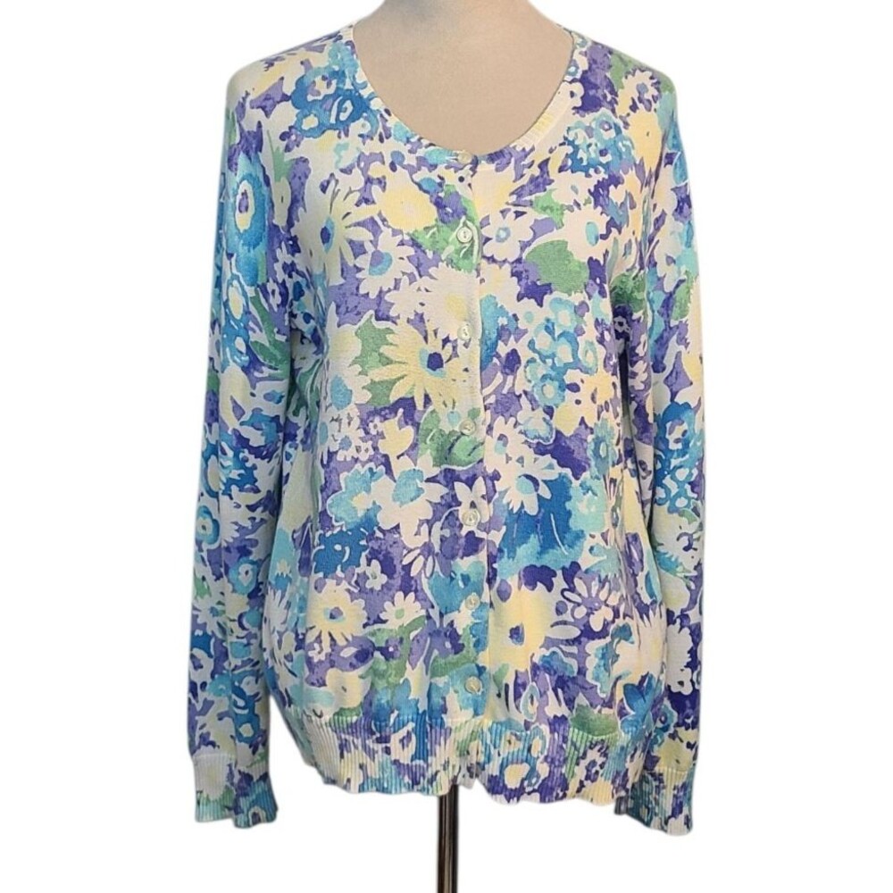 LL Bean Womens L Colorful Floral Button Cardigan Sweater Bloomcore Grandmacore